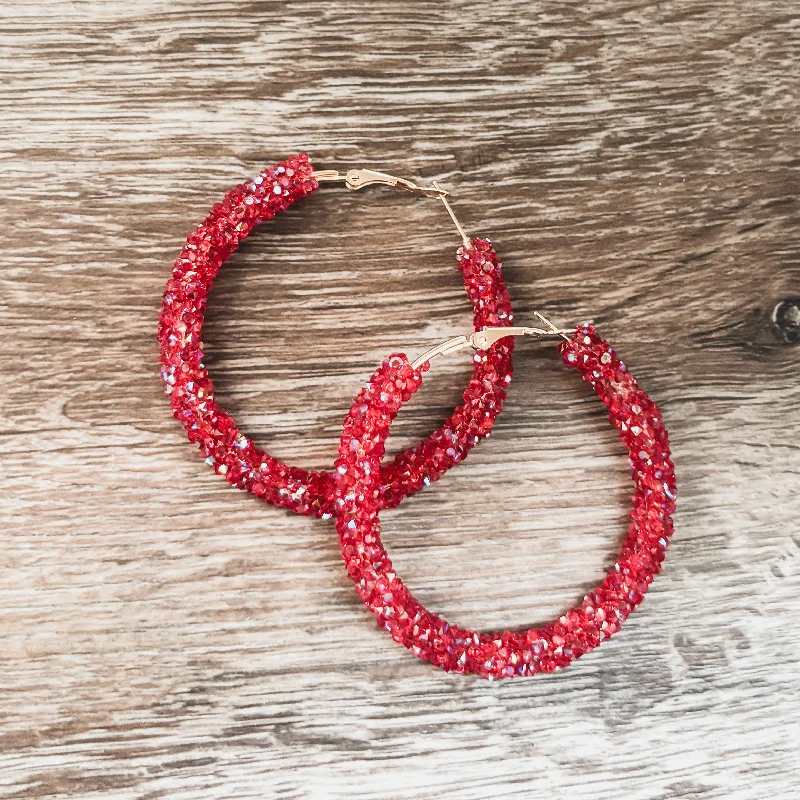 Bold Drop Earrings-Beautiful Red Glitter Hoop Earrings