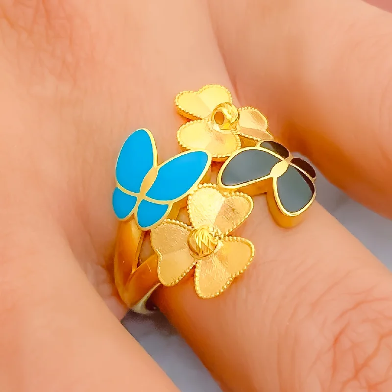 Decorative Floral 21k Gold Enameled Ring