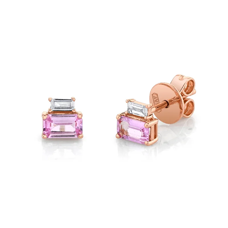 Unique Dangle Hoop Earrings-DIAMOND & PINK SAPPHIRE TWO STEP STUDS