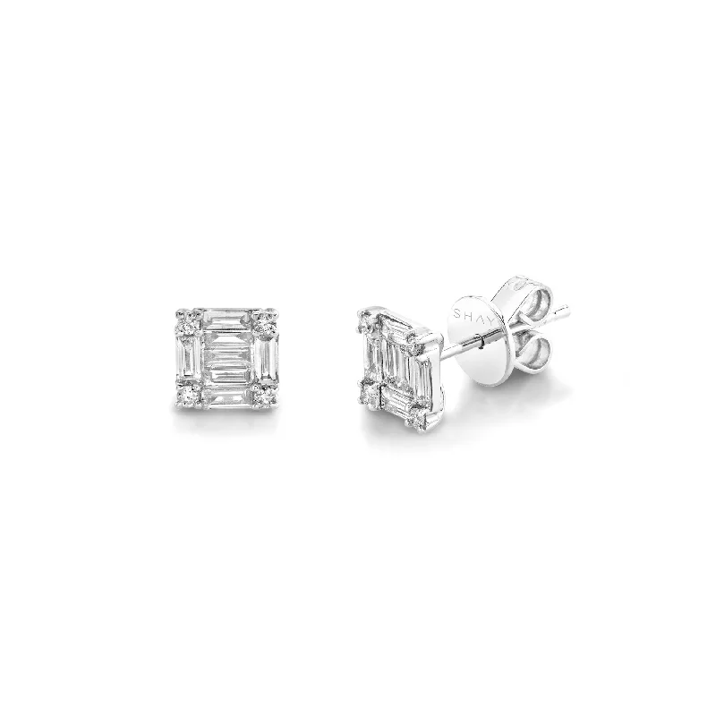 Natural Stone Earrings-DIAMOND SQUARE STACKED BAGUETTE STUDS