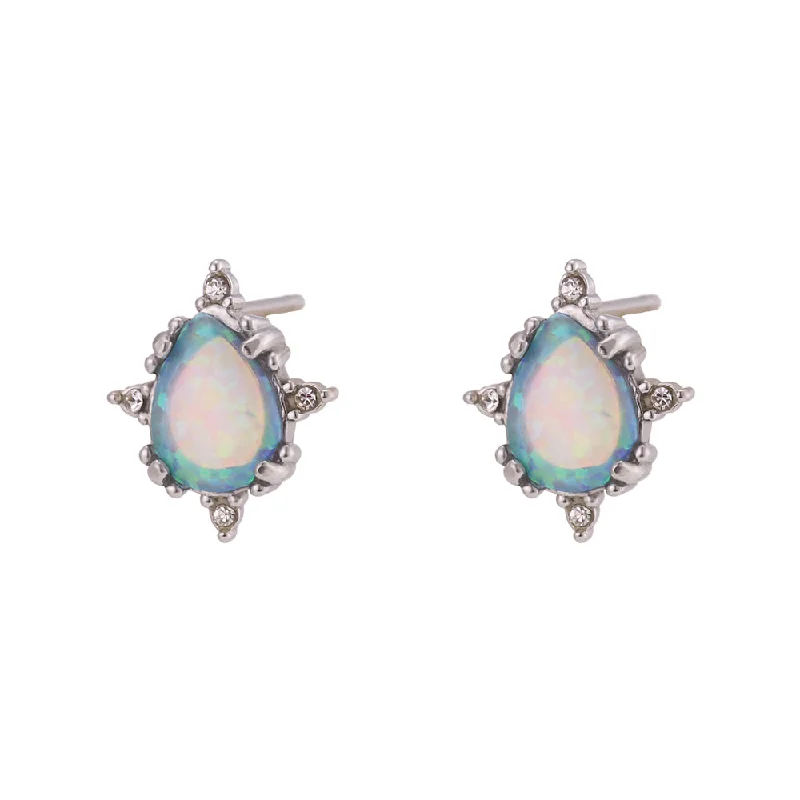 Drop-Shaped Opal Stud Earrings-Silver Blue