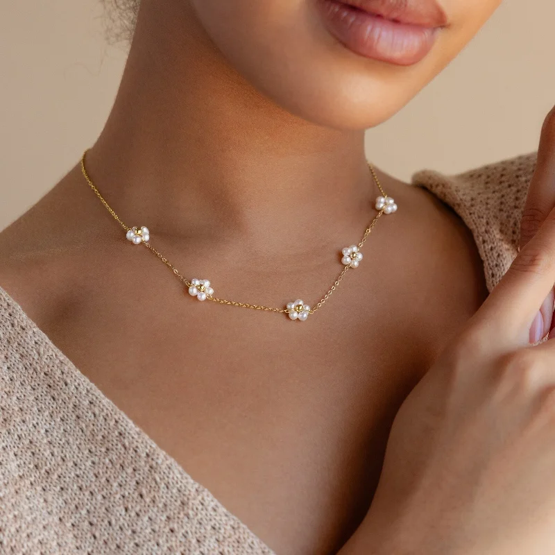 Gold Diamond Necklace-Flower Pearl Station Necklace