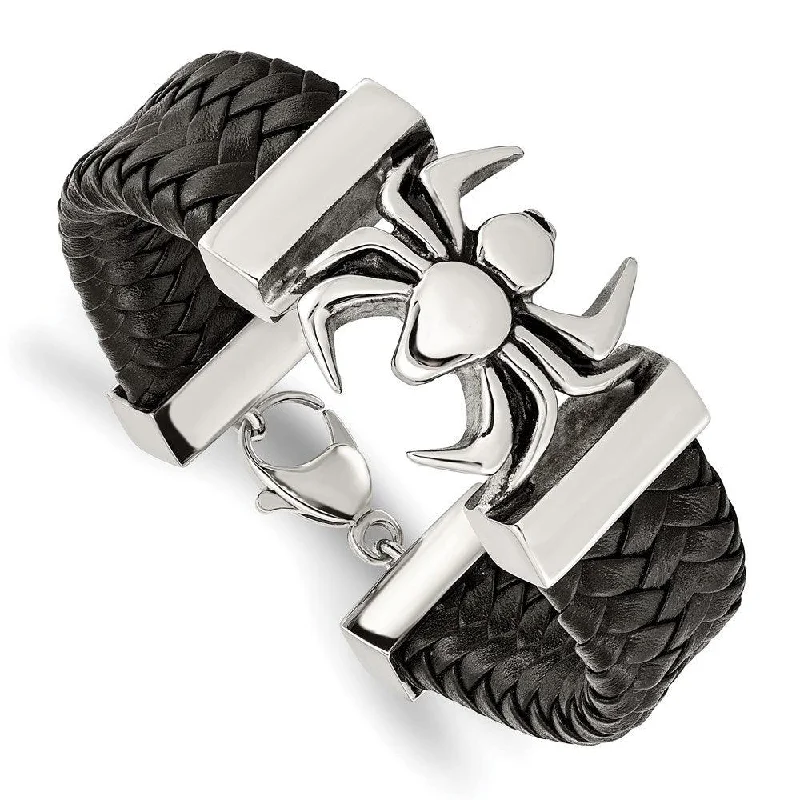 Elegant Bead Bracelet-Stainless Steel Polished Antiqued Blk Leather Spider Bracelet