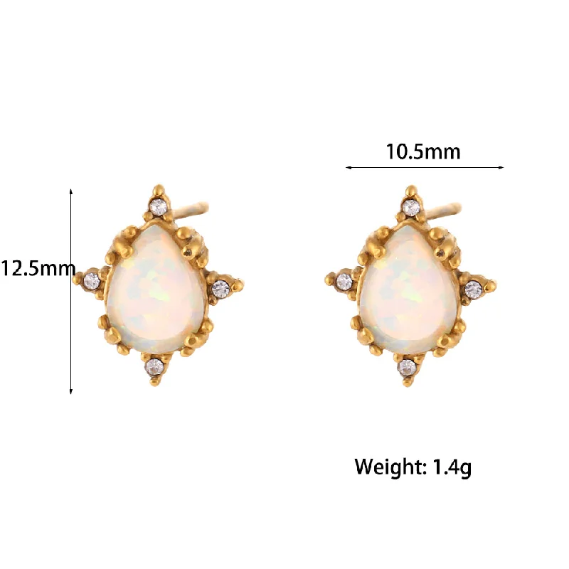 Drop-Shaped Opal Stud Earrings-Golden White