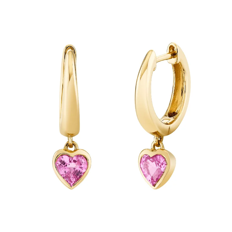 Glamour Diamond Earrings-PINK SAPPHIRE HEART BEZEL HUGGIES