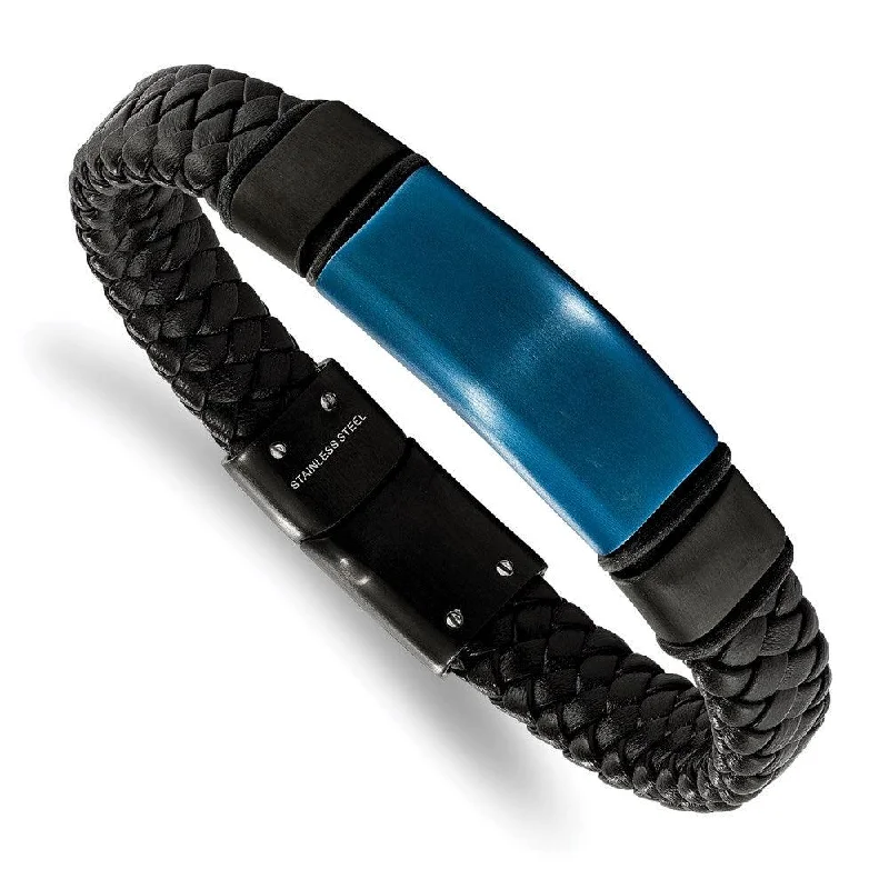 Gold Beaded Bracelet-Stainless Steel Black & Blue IP-plated w/Silicone & Leather 8.25in Bracelet