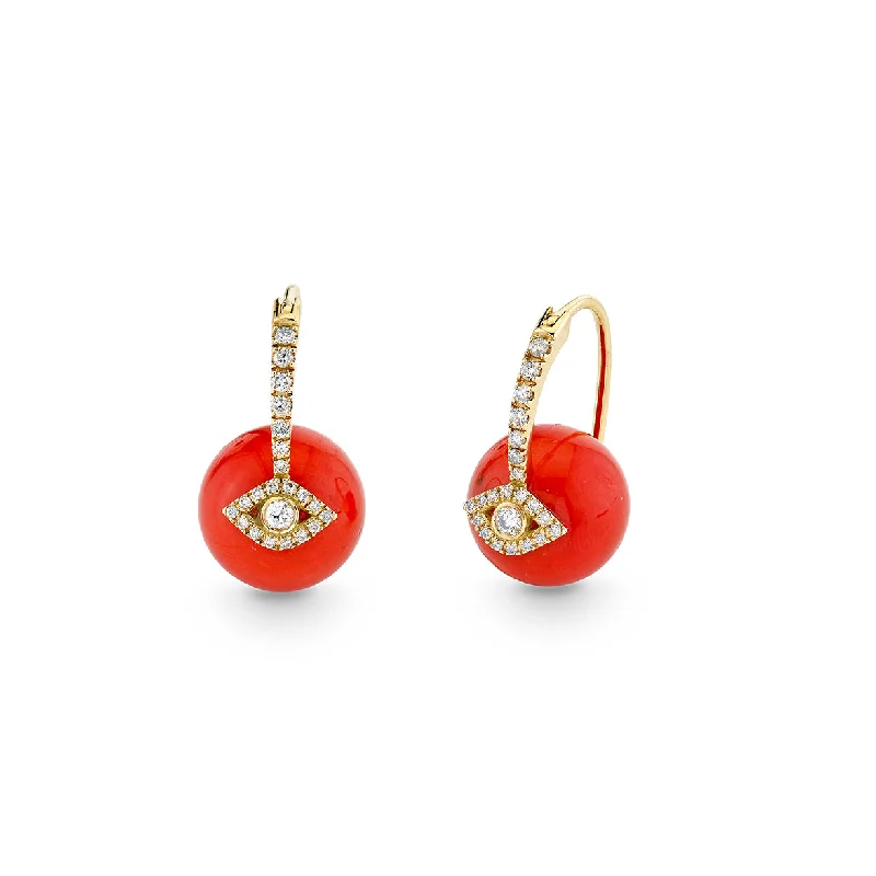 Shiny Hoop Earrings-Gold & Diamond Eye Red Coral Earrings