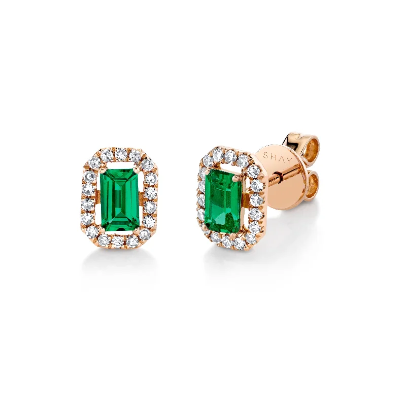 Vintage Gold Earrings-READY TO SHIP MINI ME DIAMOND HALO EMERALD STUDS