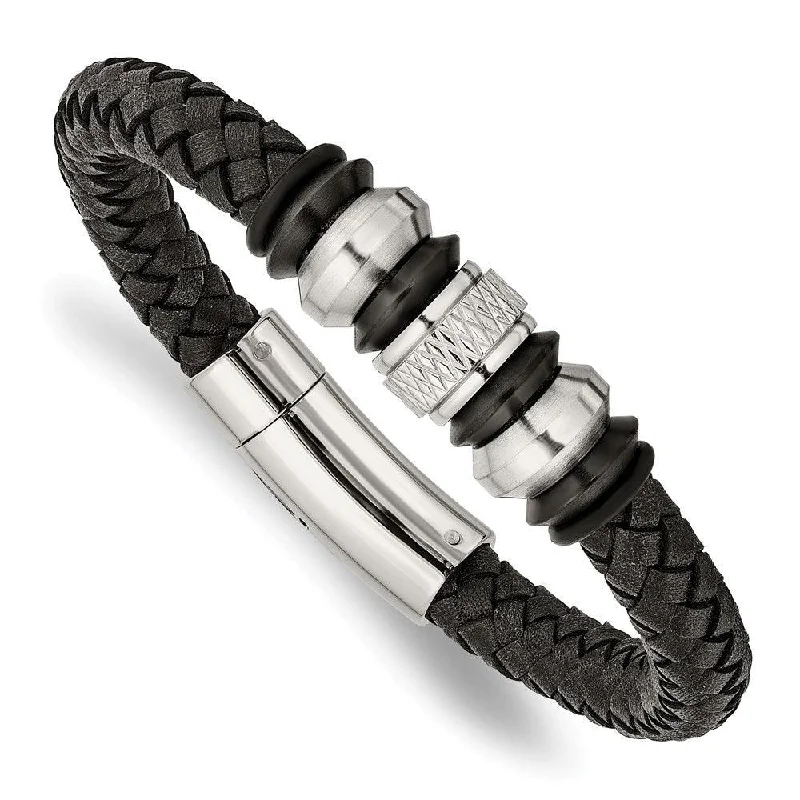 Gold Infinity Bracelet-Stainless Steel Brushed/Polished Blk Leather Blk IP Blk Rubber Bracelet