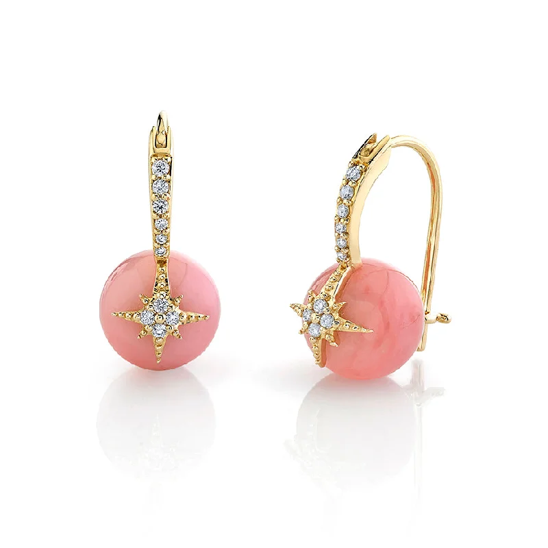 Cute Heart Earrings-Gold & Diamond Starburst Pink Opal Earrings