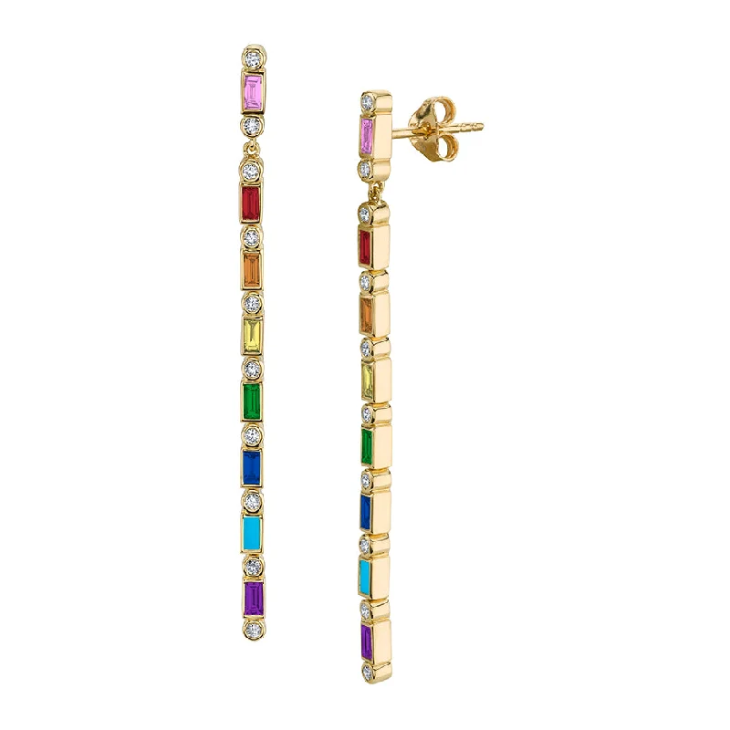 Luxury Pearl Earrings-Gold & Rainbow Baguette & Bezel Drop Earrings