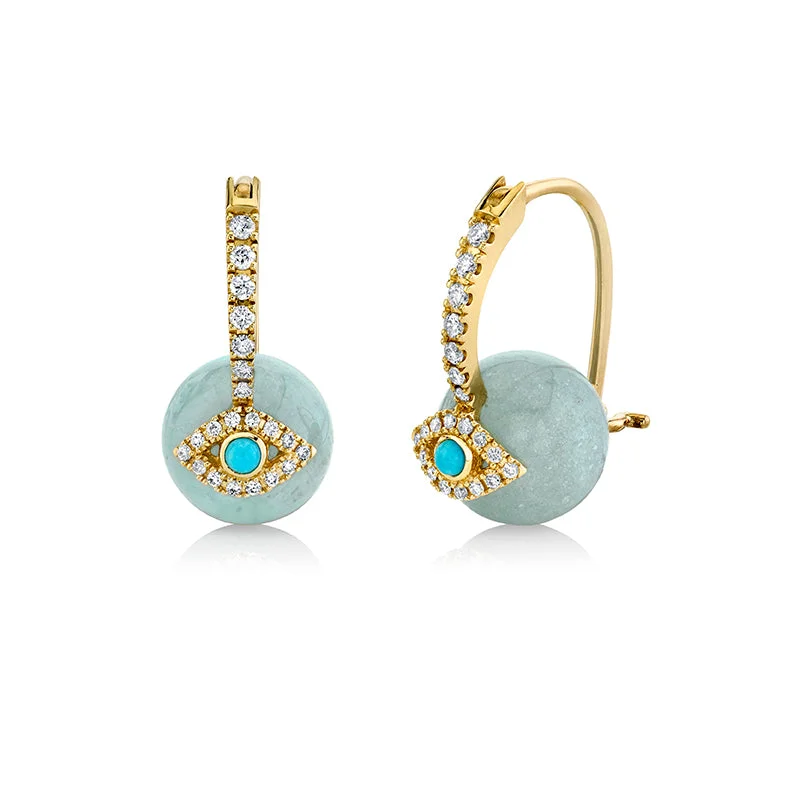 Party Earrings-Gold & Diamond Turquoise Eye Aquamarine Earrings