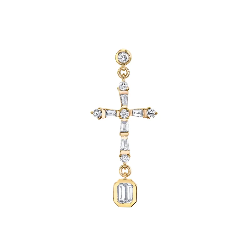 Double Hoop Earrings-SINGLE DIAMOND CROSS DROP EARRING