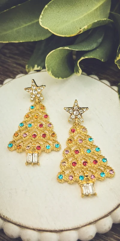 Adjustable Hoop Earrings-Beautiful Gold and Crystal Christmas Tree Earrings