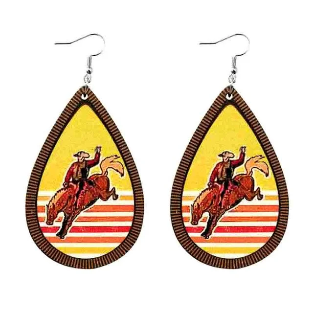 Shiny Drop Earrings-Fun Retro Wood Rodeo Earrings