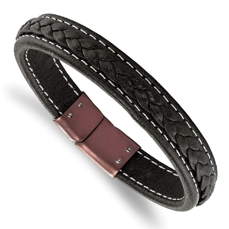 Elegant Gold Chain Bracelet-Stainless Steel Brown IP-plated Genuine Leather 8.25in Bracelet