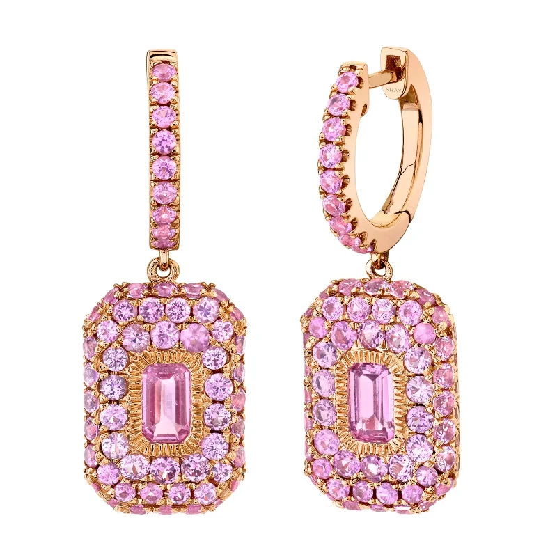 Glittery Hoop Earrings-READY TO SHIP PINK SAPPHIRE PAVE BAGUETTE DROP EARRINGS