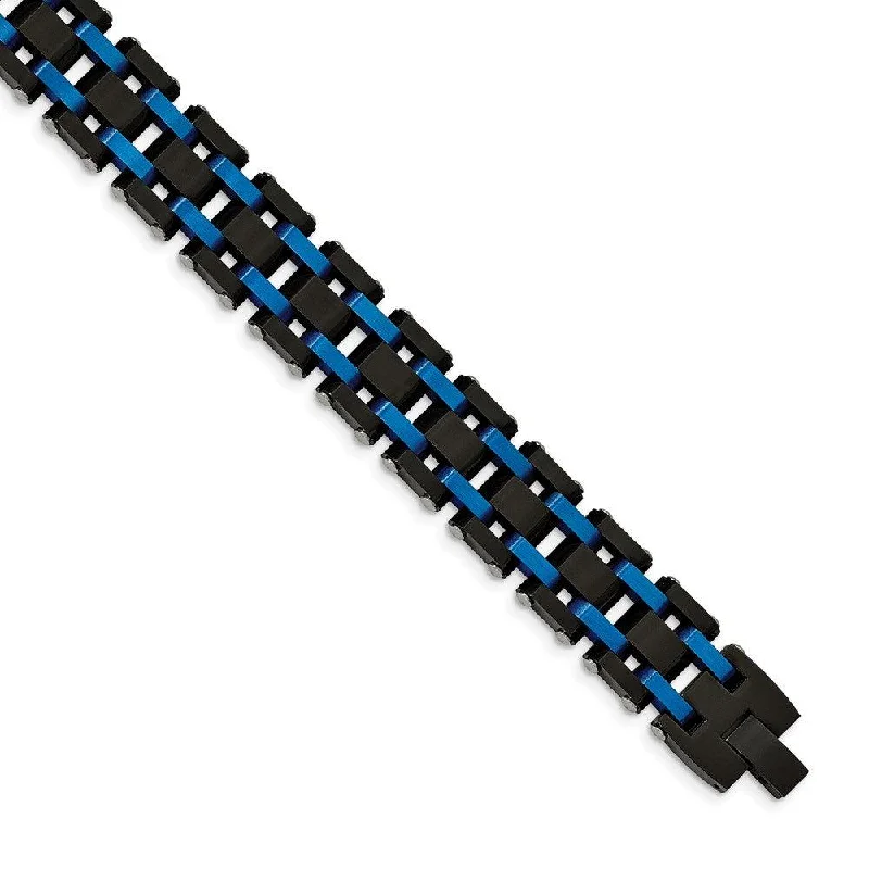 Custom Link Cuff Bracelet-Stainless Steel Brushed and Polished Black/Blue IP-plated 8.5in Bracelet