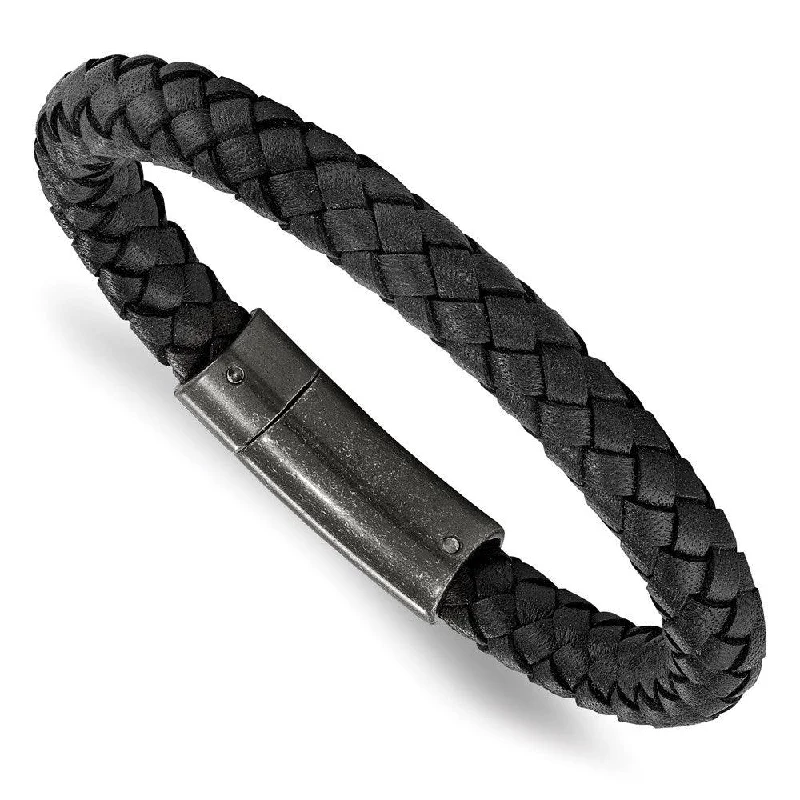 Colorful Leather Bracelet-Stainless Steel Brushed Black Braided Genuine Leather 8.25in Bracelet