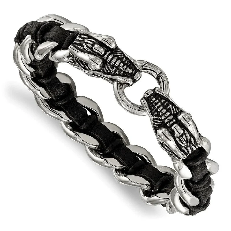 Classic Silver Bangle-Stainless Steel Polished Blk Leather Antiqued Dragon Head Bracelet