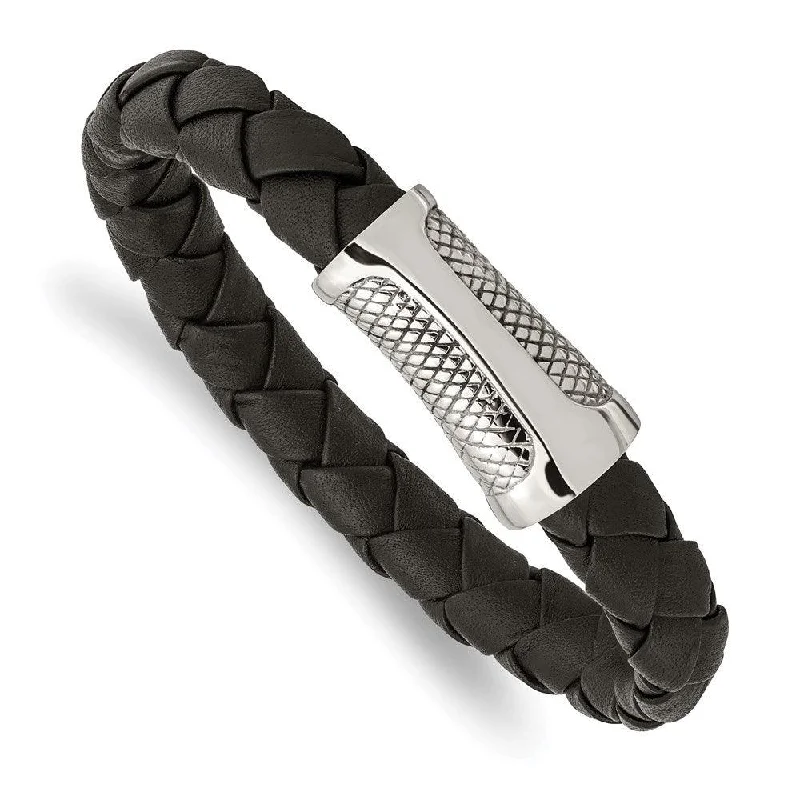 Chunky Leather Bracelet-Stainless Steel Polished Black Leather Textured Bracelet