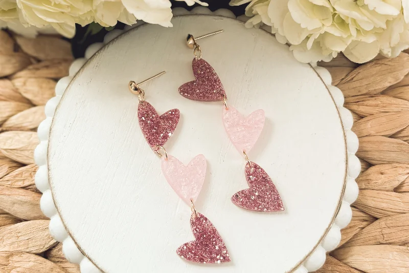 Small Drop Earrings-Adorable Pink Acrylic Heart Drop Earrings