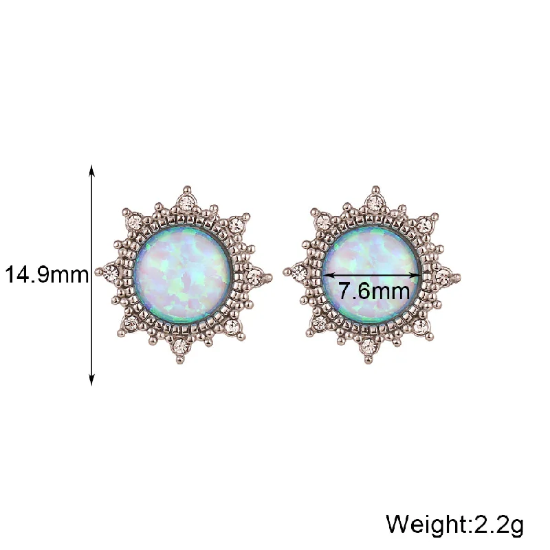 Round Sun Opal Stud Earrings-Silver Blue