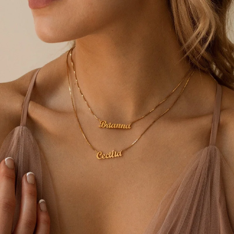 Gold Choker Necklace-London Double Name Necklace in Box Chain