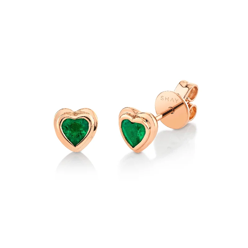 Chunky Gold Earrings-READY TO SHIP EMERALD BEZEL HEART STUDS