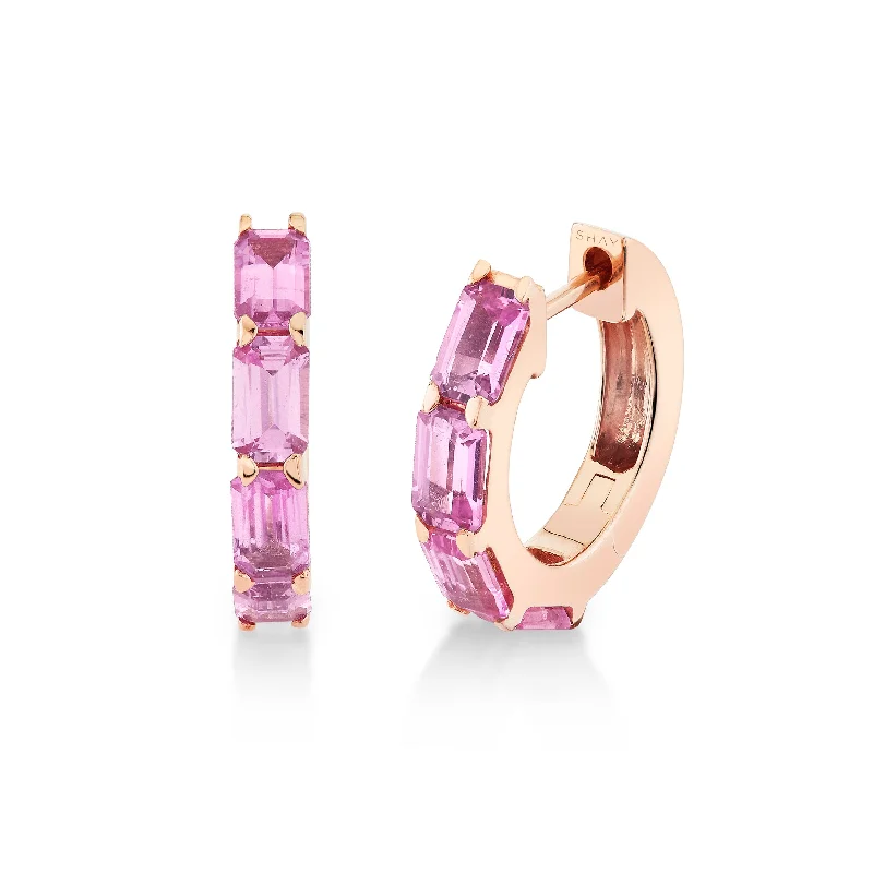 Textured Gold Earrings-READY TO SHIP PINK SAPPHIRE BEZEL HUGGIES