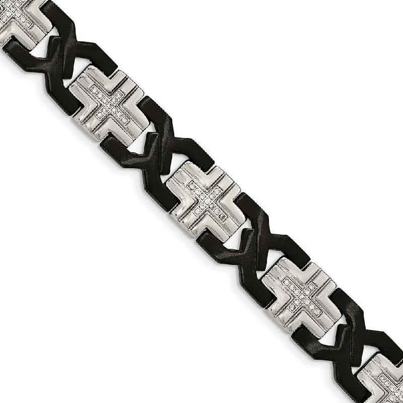 Beaded Friendship Bracelet-Stainless Steel Brushed and Polished Black IP-plated w/ CZ Bracelet