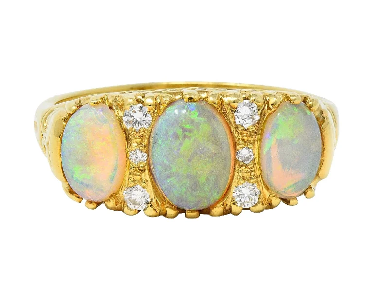 Vintage 1998 Opal Diamond 18 Karat Gold Scrolling Three Stone Ring