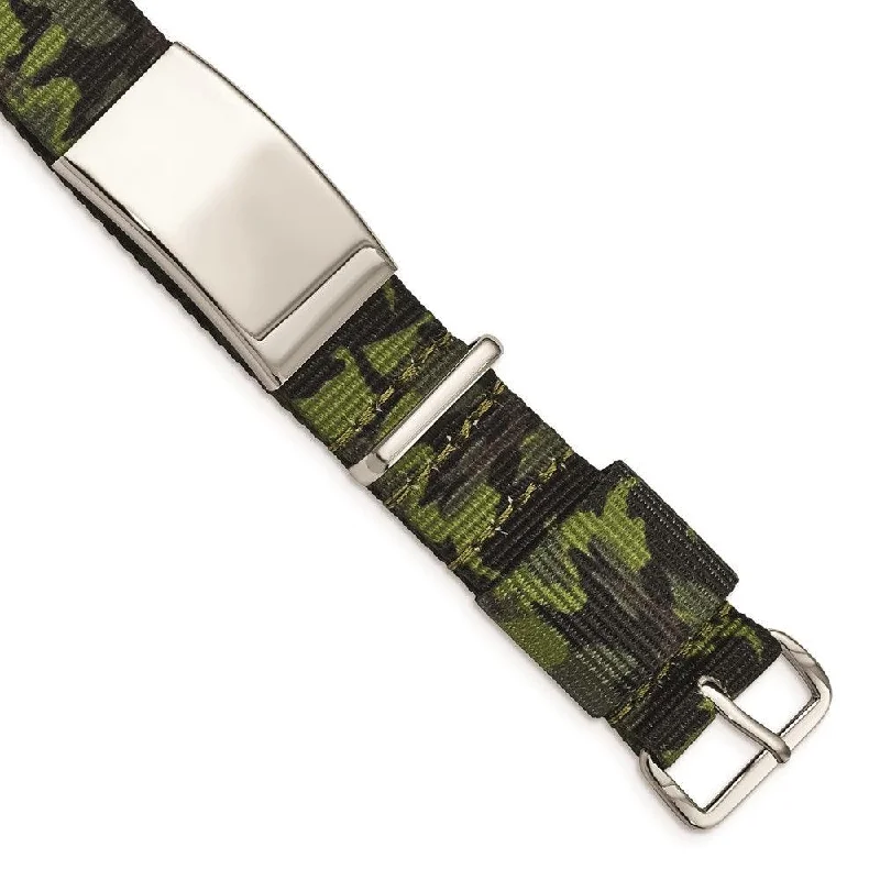 Personalized Name Bracelet-Stainless Steel Polished Green Camo Fabric Adjustable ID Bracelet