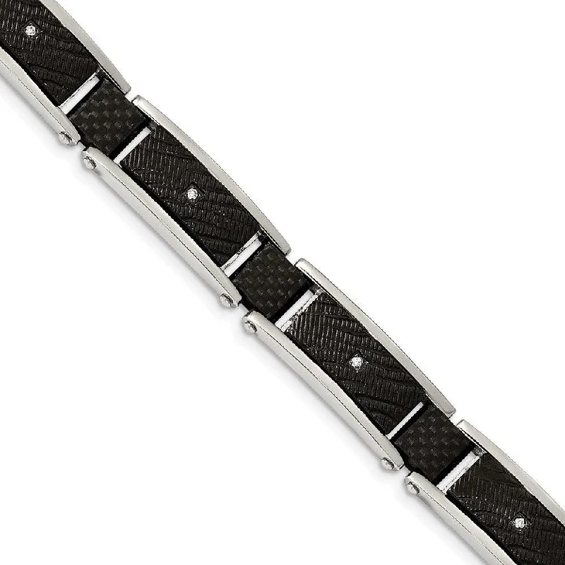 Adjustable Diamond Bracelet-Stainless Steel Polished Blk IP w/CZ and Black Carbon Fiber 8.75in Bracelet