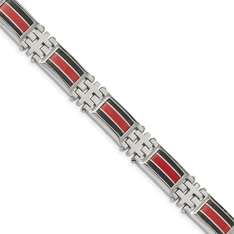 Simple Gemstone Bangle-Stainless Steel Polished Black Carbon Fiber/Red Fiber Glass Inlay Bracelet