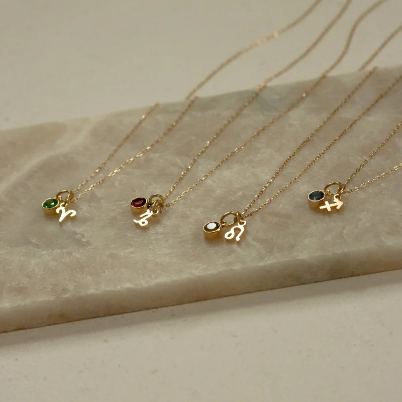 Custom Gold Necklace-Zodiac Birthstone Necklace