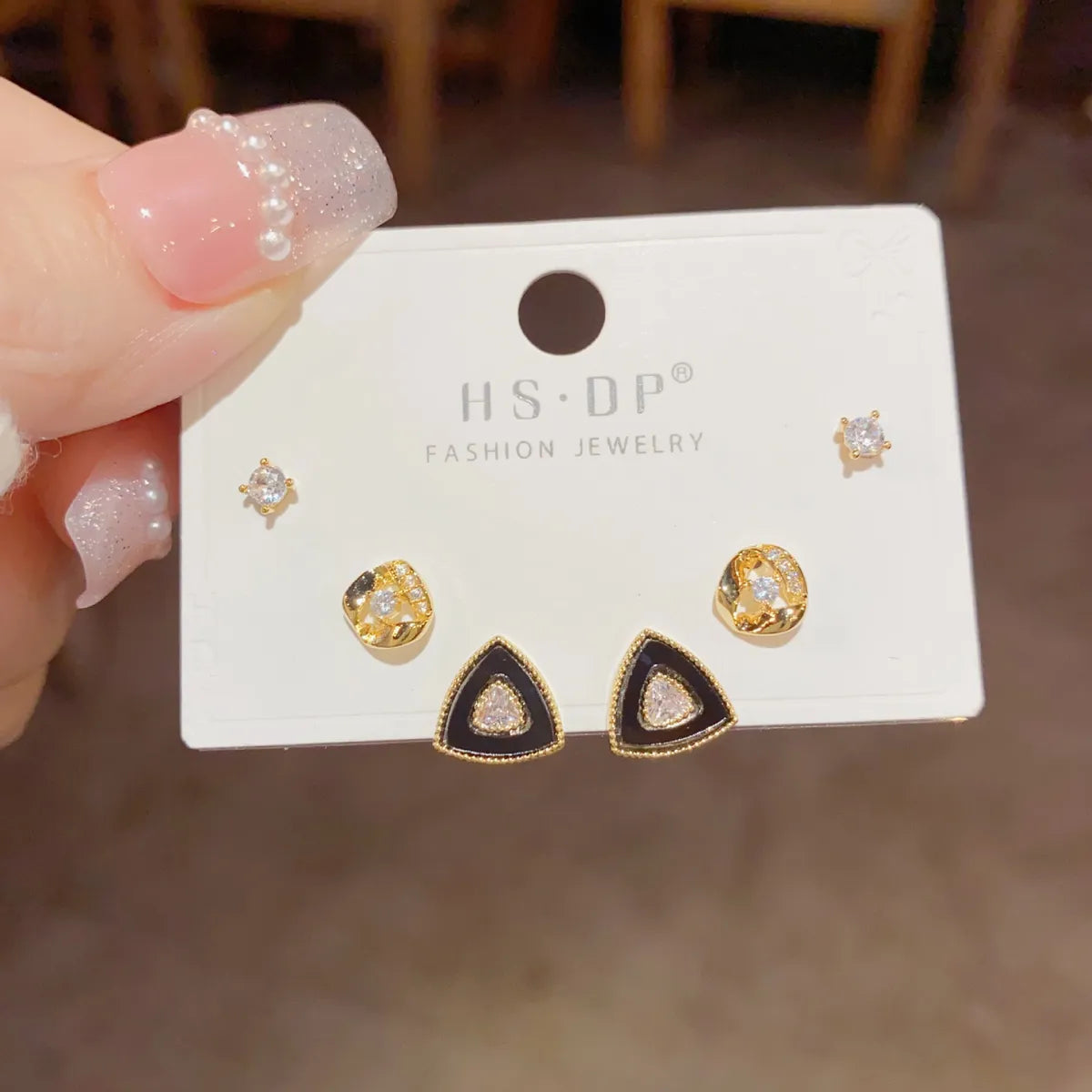 65# Gold-Geometric Triangle Zircon Combination Stud Earrings