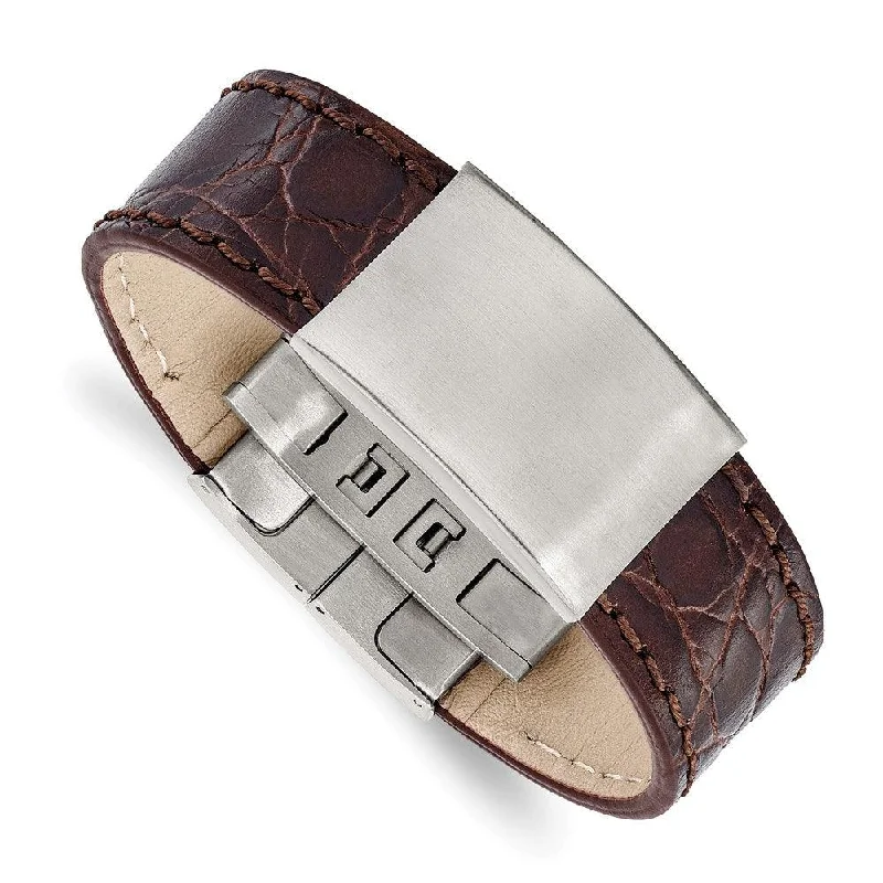 Vintage Leather Bracelet-Stainless Steel Brushed Dark Brown Leather ID Bracelet