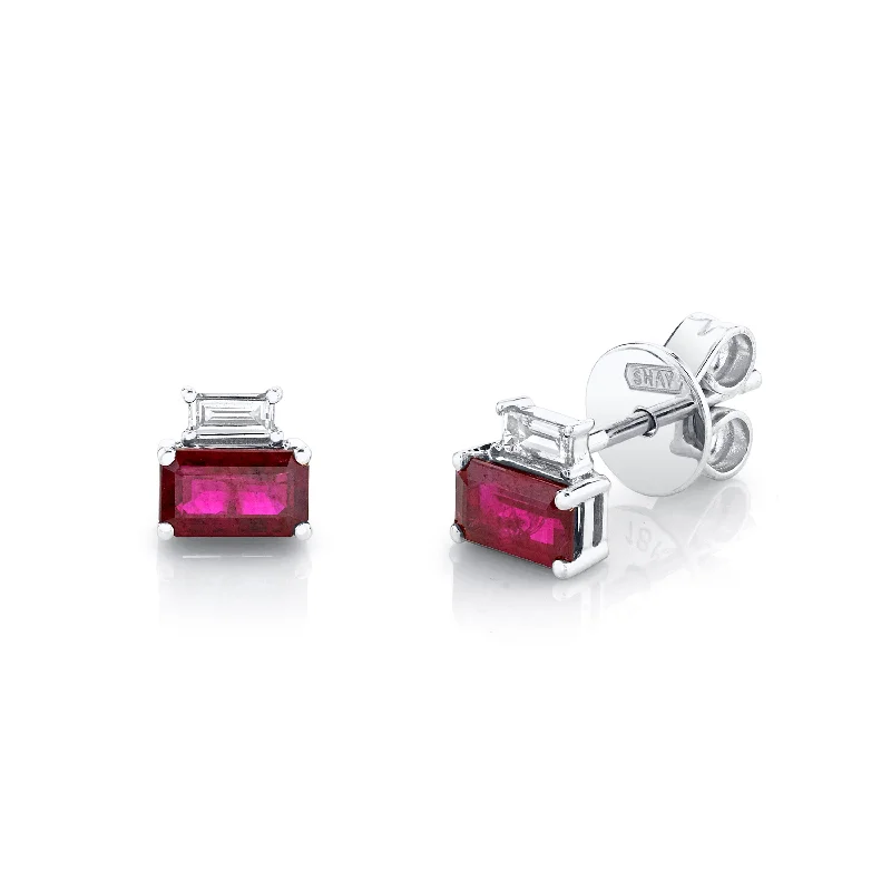 Elegant Hoops with Diamonds-DIAMOND & RUBY TWO STEP STUDS