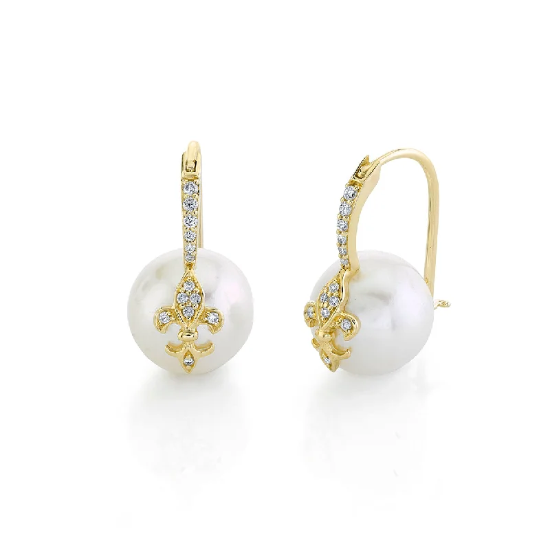 Ethnic Style Earrings-Gold & Diamond Fleur de Lis Pearl Earrings