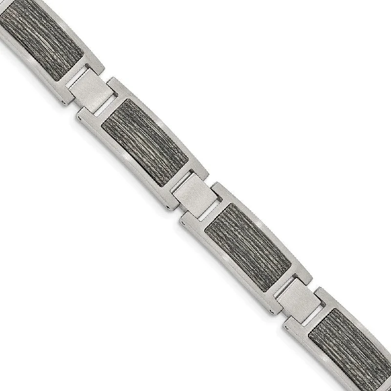 Handcrafted Leather Bracelet-Stainless Steel Brushed with Gray Wood Inlay 8.75in Link Bracelet