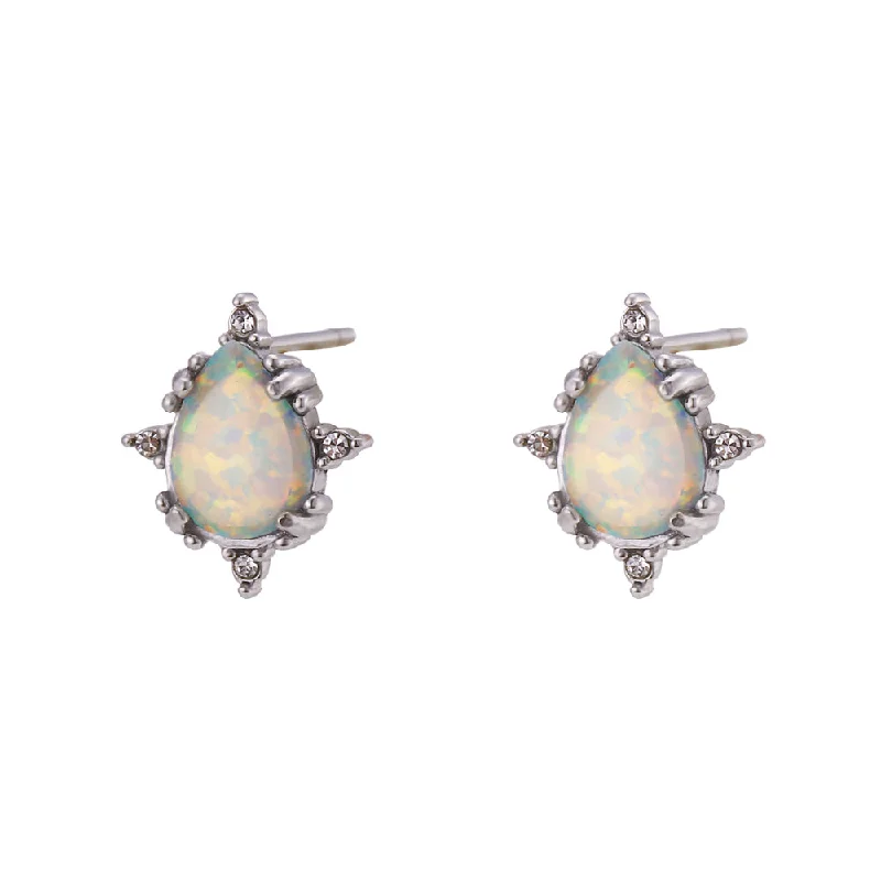 Drop-Shaped Opal Stud Earrings-Silver White