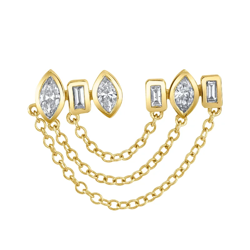 Glamour Diamond Earrings-MIXED DIAMOND DUO CHAIN LINK STUD