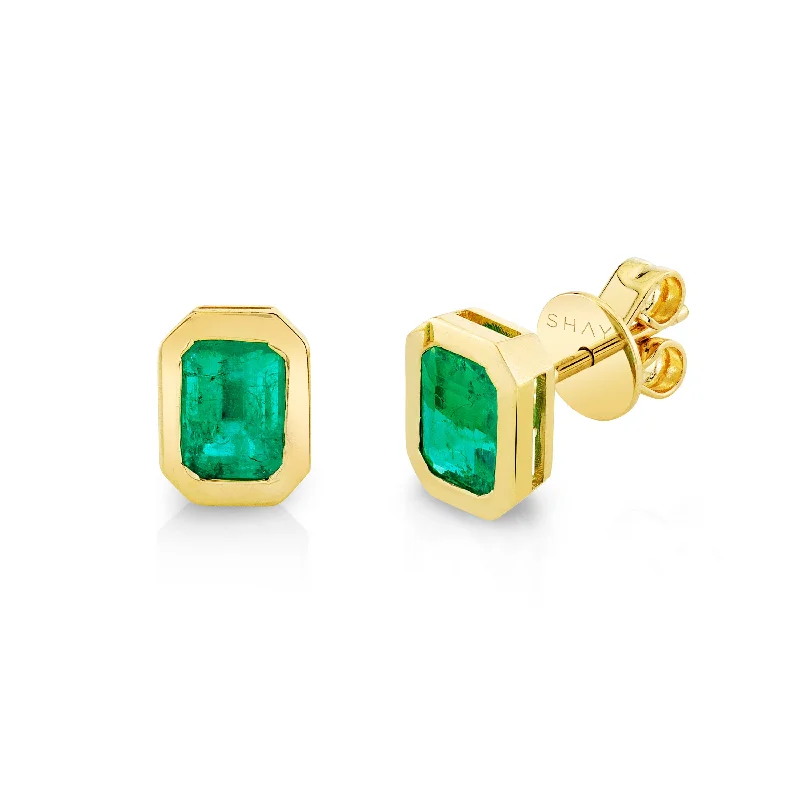 Handmade Gold Earrings-READY TO SHIP EMERALD BEZEL SET STUDS