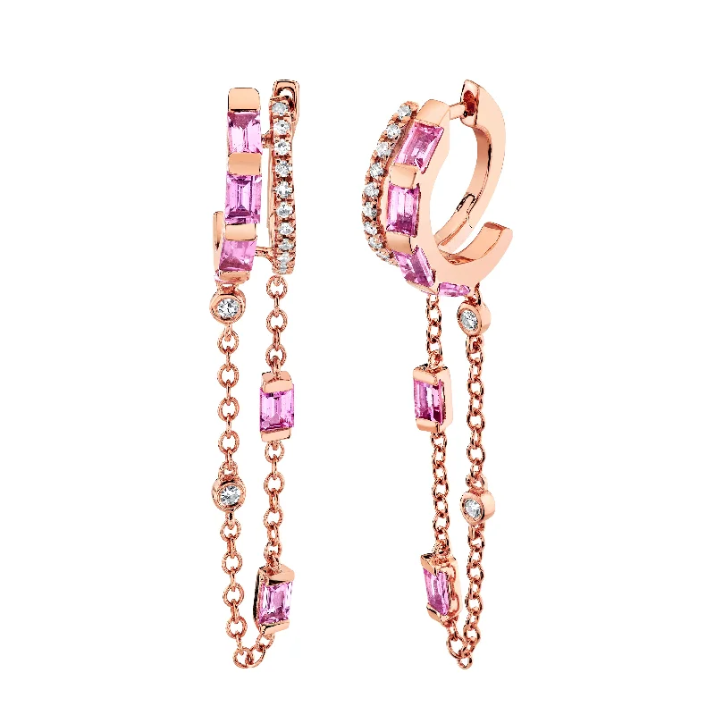 Unique Pearl Drop Earrings-PINK SAPPHIRE DOUBLE MIXED FRINGE HUGGIES