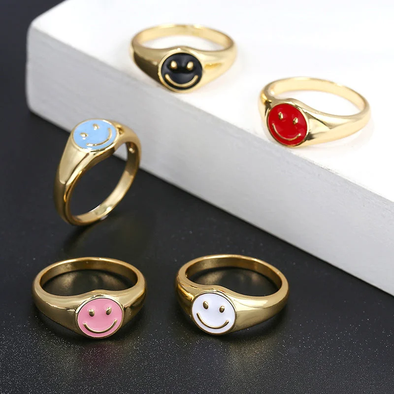 Cross-border European And American New Cute Smiling Face Ring Women's Simple Women's 18k Gold Drop Oil Copper Ring Color Retention