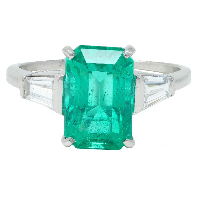 Mid-Century 3.43 CTW Colombian Emerald Diamond Platinum Three Stone Vintage Ring AGL