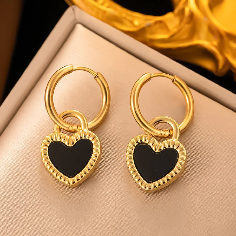 Golden Peach Heart Black and White Double-Sided Shell Ear Studs Pair