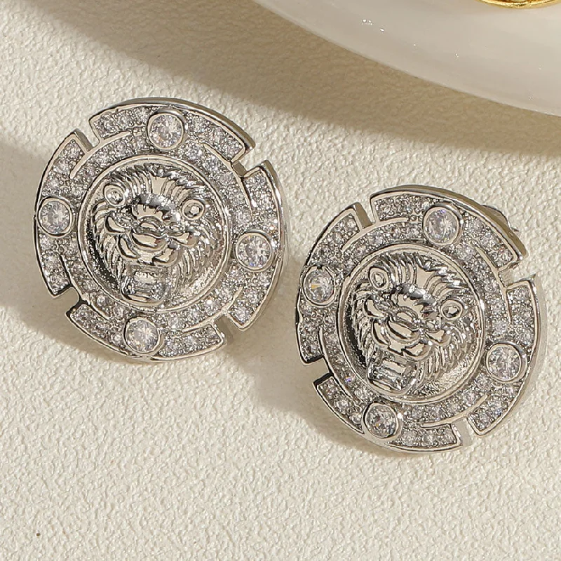 Lion Head Stud Earrings Zircon Real Platinum