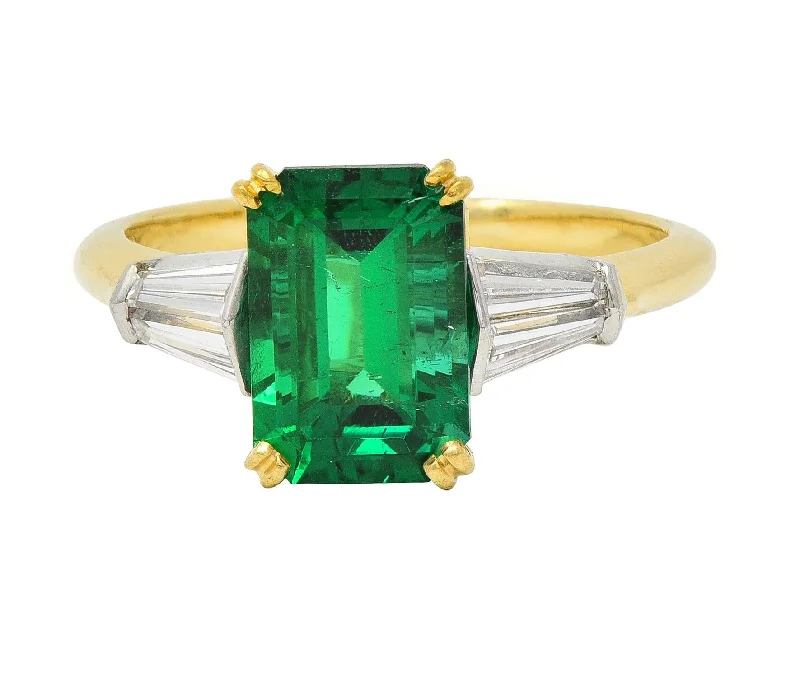 Tiffany & Co. 1990's 3.15 CTW Emerald Diamond Platinum 18 Karat Yellow Gold Vintage Ring AGL